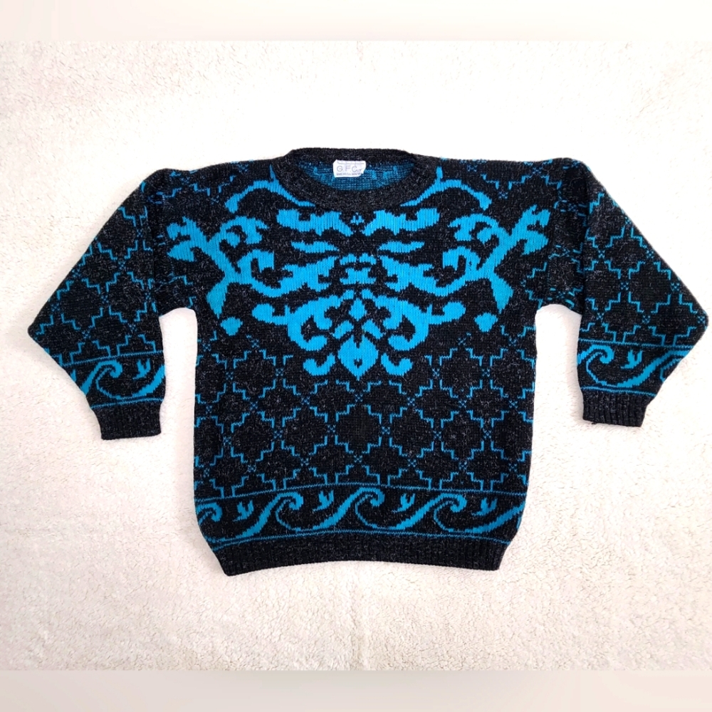 Vtg G.F.C Knitwear Nordic Ocean Waves Winter Grey Turquoise Blue Acrylic Sweater